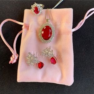 Red And White Zircon Earrings, Necklace And Ring NWOT